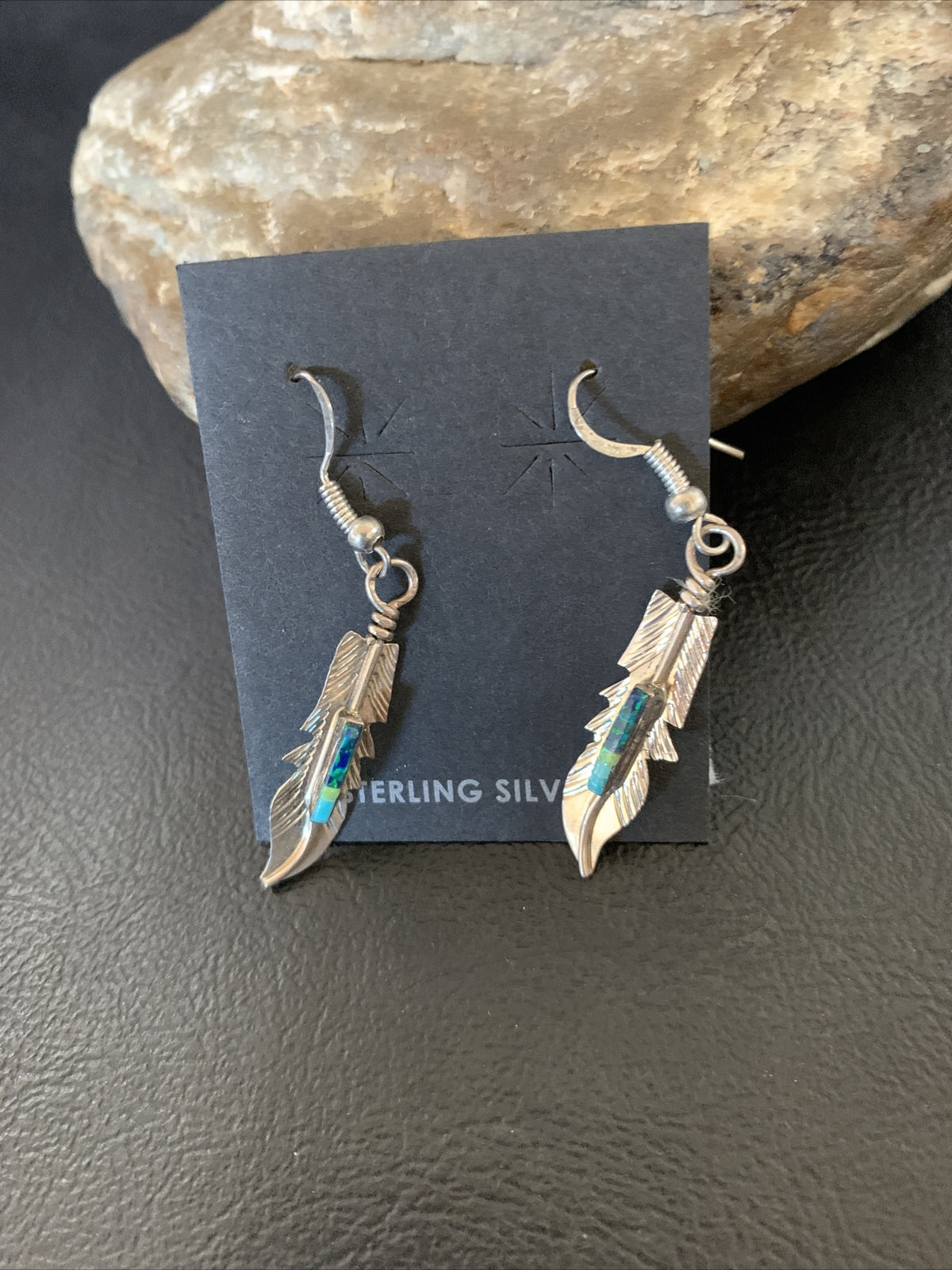 Blue Turquoise Sterling Silver Navajo Handmade Inlay Feather Earrings 13086