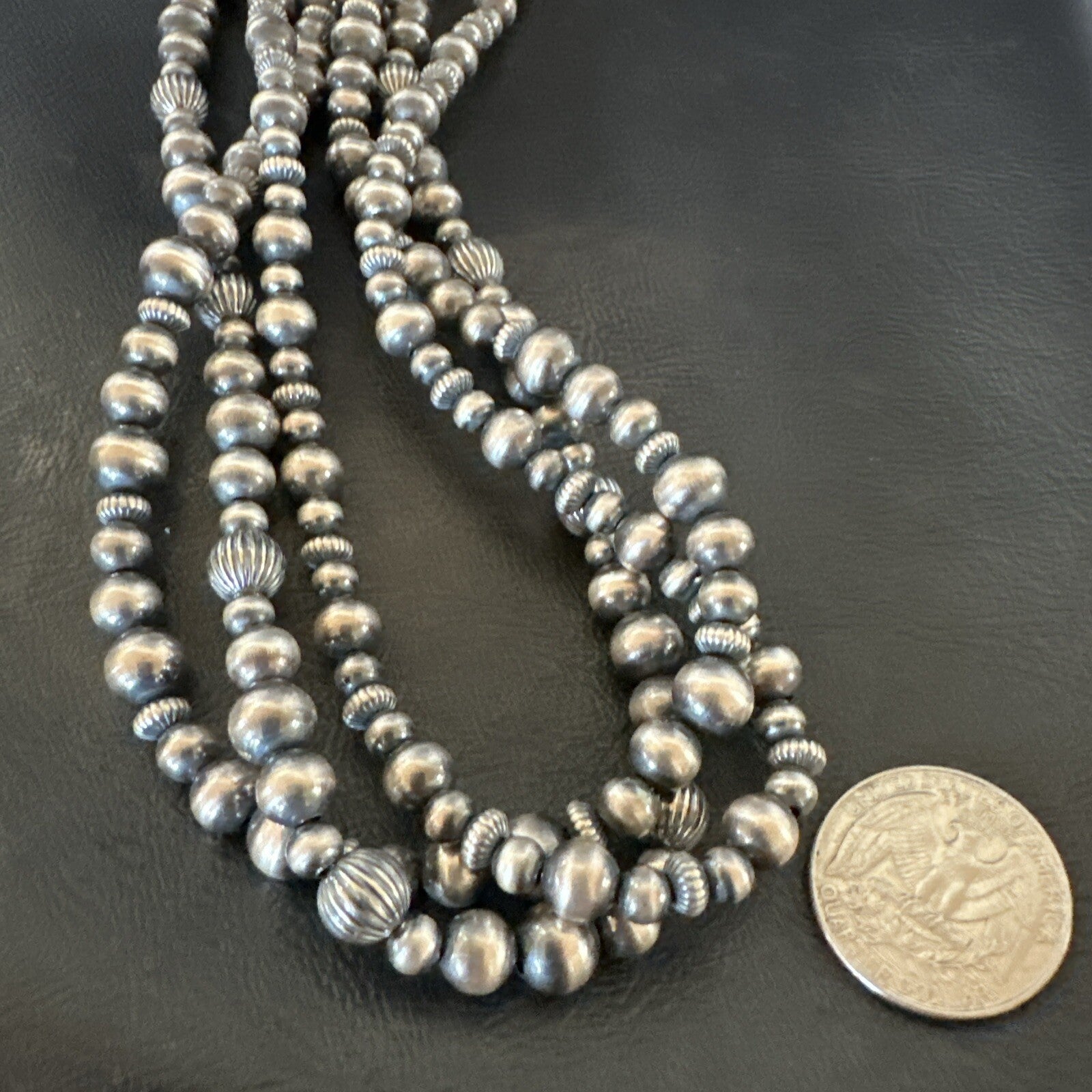 Mixed Bead Sterling Silver Navajo Pearls Necklace 22” 3 Strand 94422