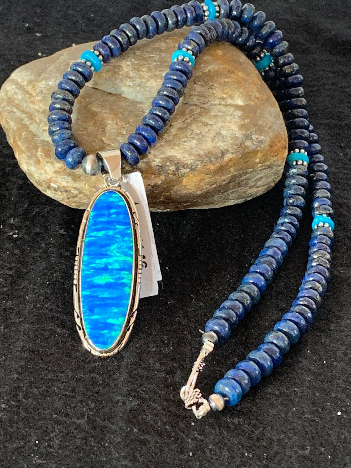 Opal Pendant Blue Lapis Turquoise Navajo Pearls Sterling Necklace 04146