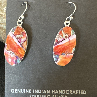 Blue Turquoise Red Spiny Oyster Inlay Sterling Silver Dangle Earrings 15558