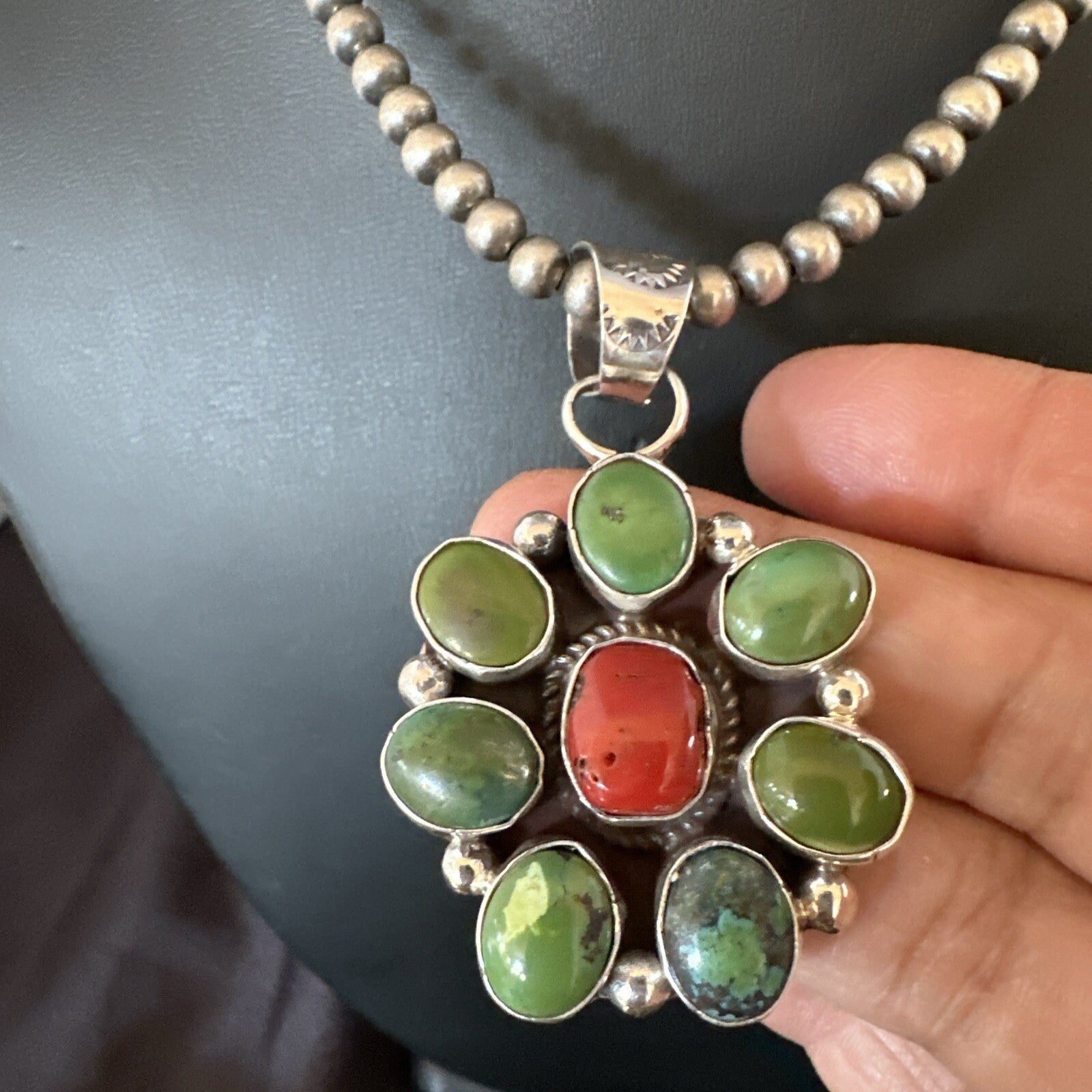 Navajo Sterling Cluster Red Turquoise Pendant Necklace 17713