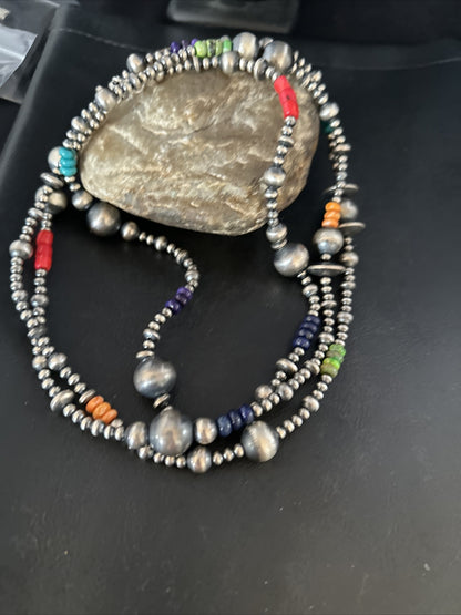 Turquoise Coral Spiny Oyster Navajo Pearls Sterling Silver Bead Necklace 51" -N