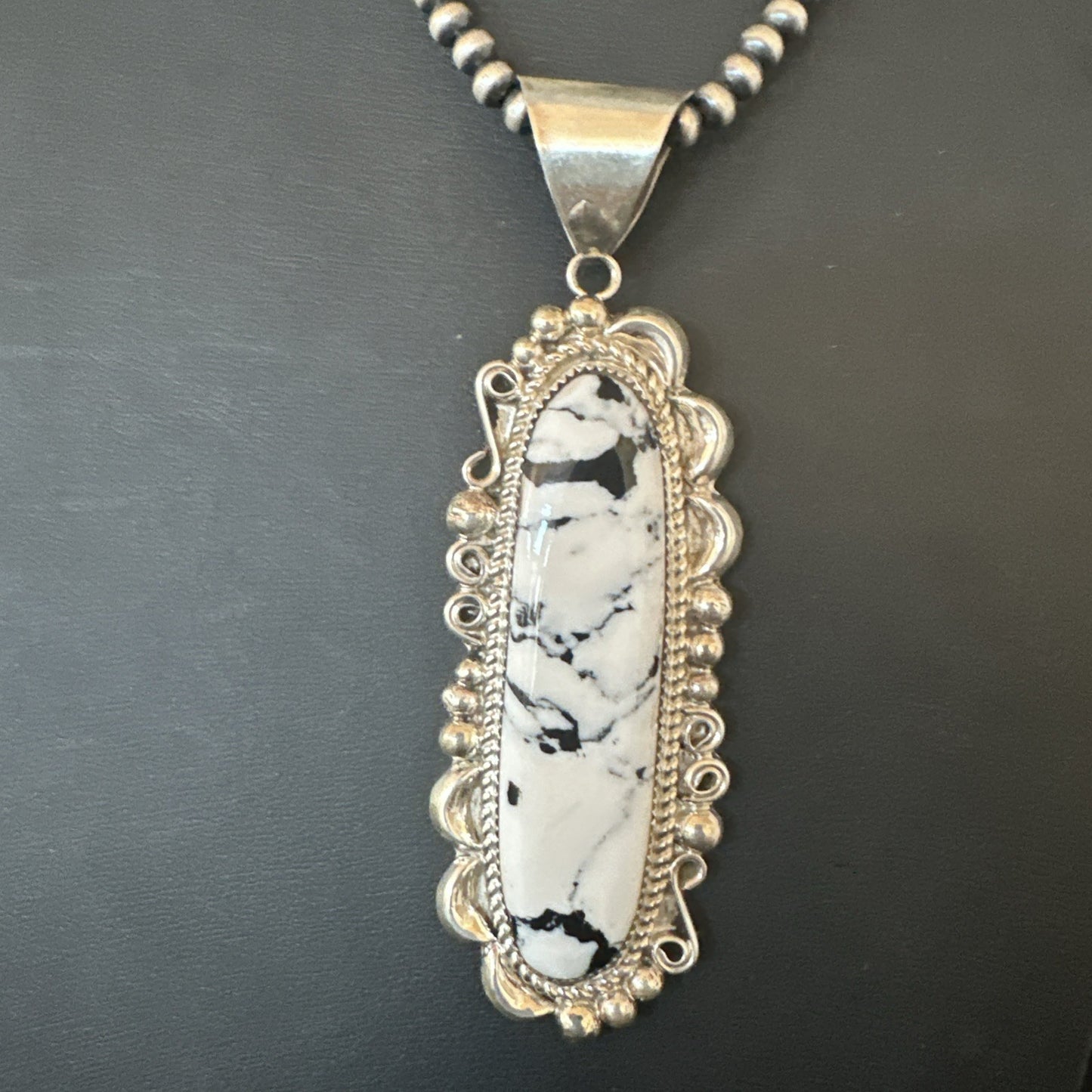 XXL White Buffalo Turquoise Pendant Navajo Sterling Silver Necklace 4" 19759
