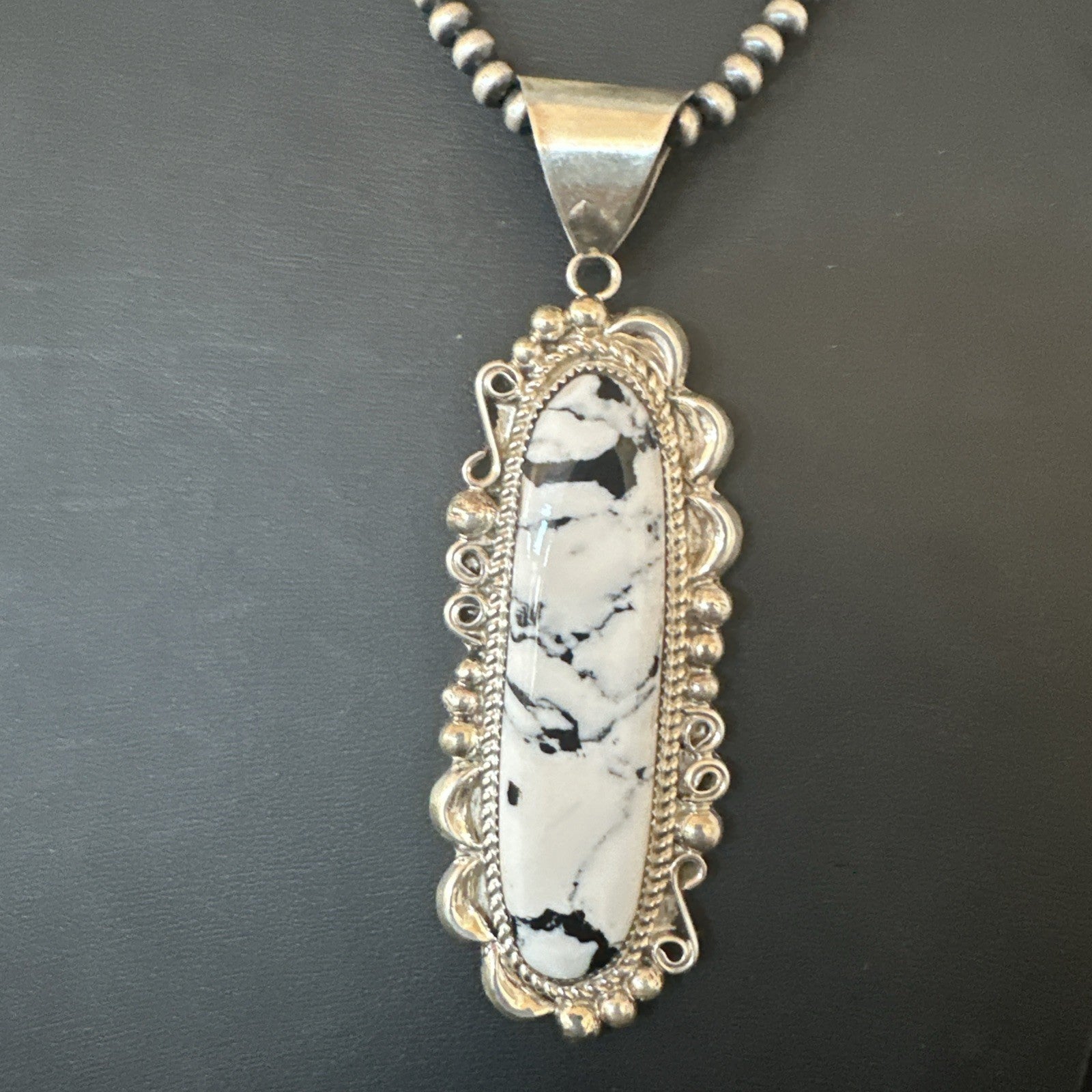 XXL White Buffalo Turquoise Pendant Navajo Sterling Silver Necklace 4" 19759
