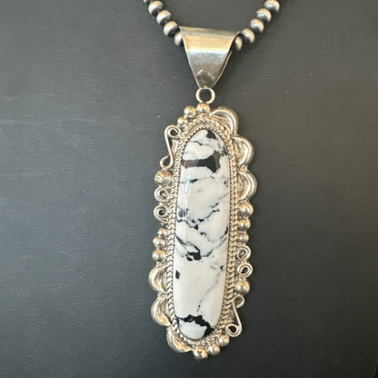 XXL White Buffalo Turquoise Pendant Navajo Sterling Silver Necklace 4" 19759