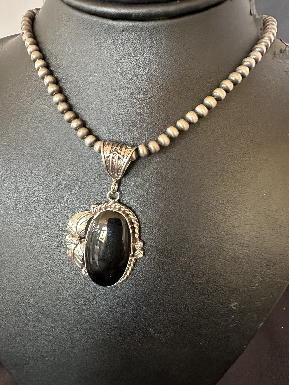 Mens Womens Black Onyx Pendant Navajo Sterling Silver Beads Necklace 18314