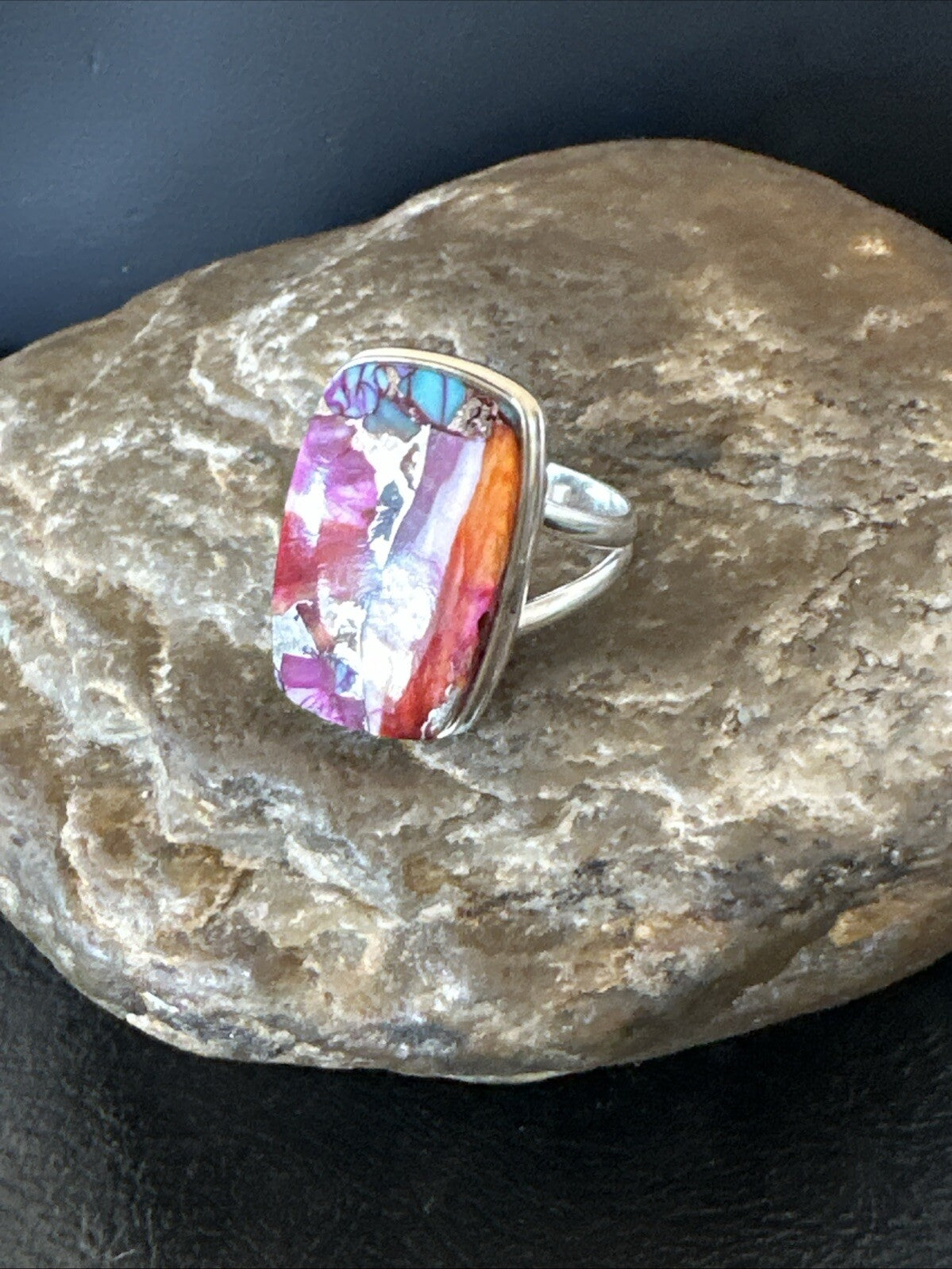 Blue Turquoise Spiny Oyster Southwestern Sterling Silver Ring Size 9 18543