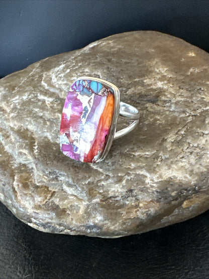 Blue Turquoise Spiny Oyster Southwestern Sterling Silver Ring Size 9 18543