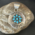 Blue Kingman Turquoise Navajo Cluster Pendant 2" | Sterling Silver | Authentic Native American Handmade | 19285