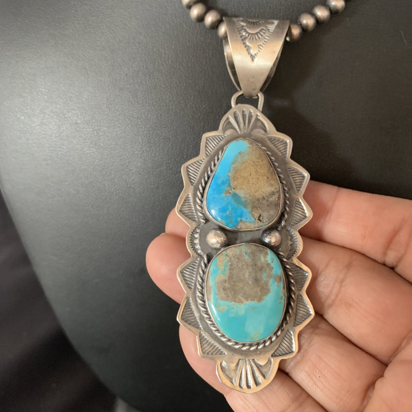 Mens Blue Kingman Turquoise 3" Pendan Sterling Silver Necklace 20" 13997N