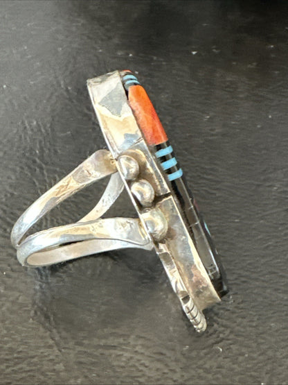 Cosmic Inlay Onyx Turquoise Spiny Navajo Sterling Silver Ring Size 9 19789