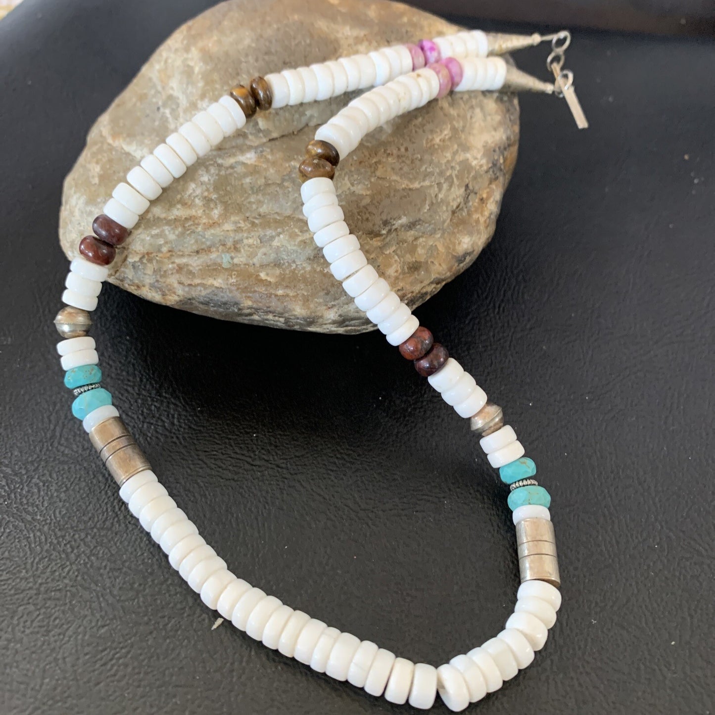 Turquoise Sugilte & Howlte Navajo Beads Sterling Silver Necklace 10395