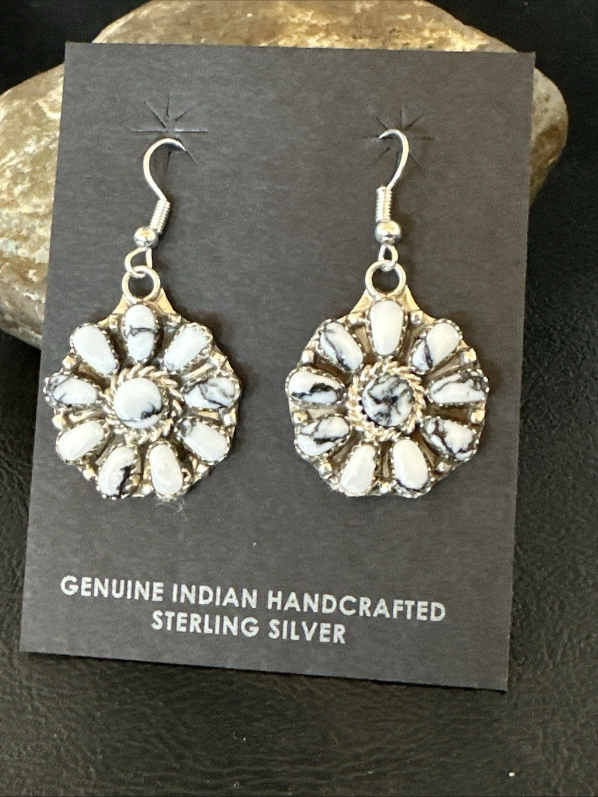 Womens Cluster White Buffalo Navajo Sterling Silver Dangle Earrings 19092