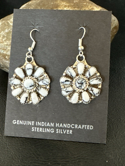 Womens Cluster White Buffalo Navajo Sterling Silver Dangle Earrings 19092