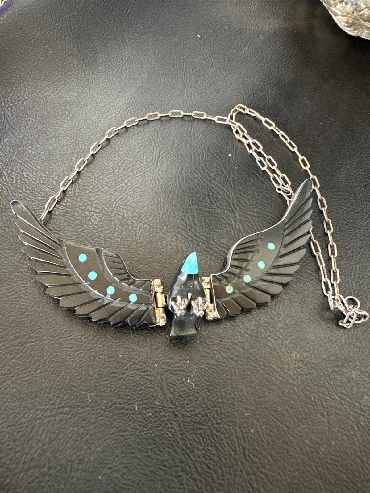 Navajo Flying Eagle 4.5"  Black Jet Turquoise Necklace F Tom 20” 19420