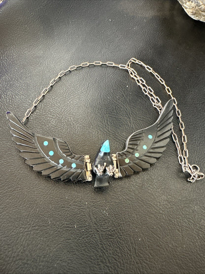 Navajo Flying Eagle 4.5"  Black Jet Turquoise Necklace F Tom 20” 19420