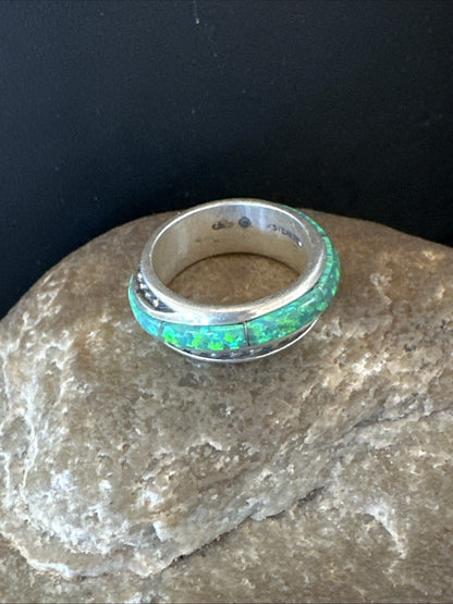 Green Opal Navajo Sterling Silver Band Inlay Ring Size 7 18809