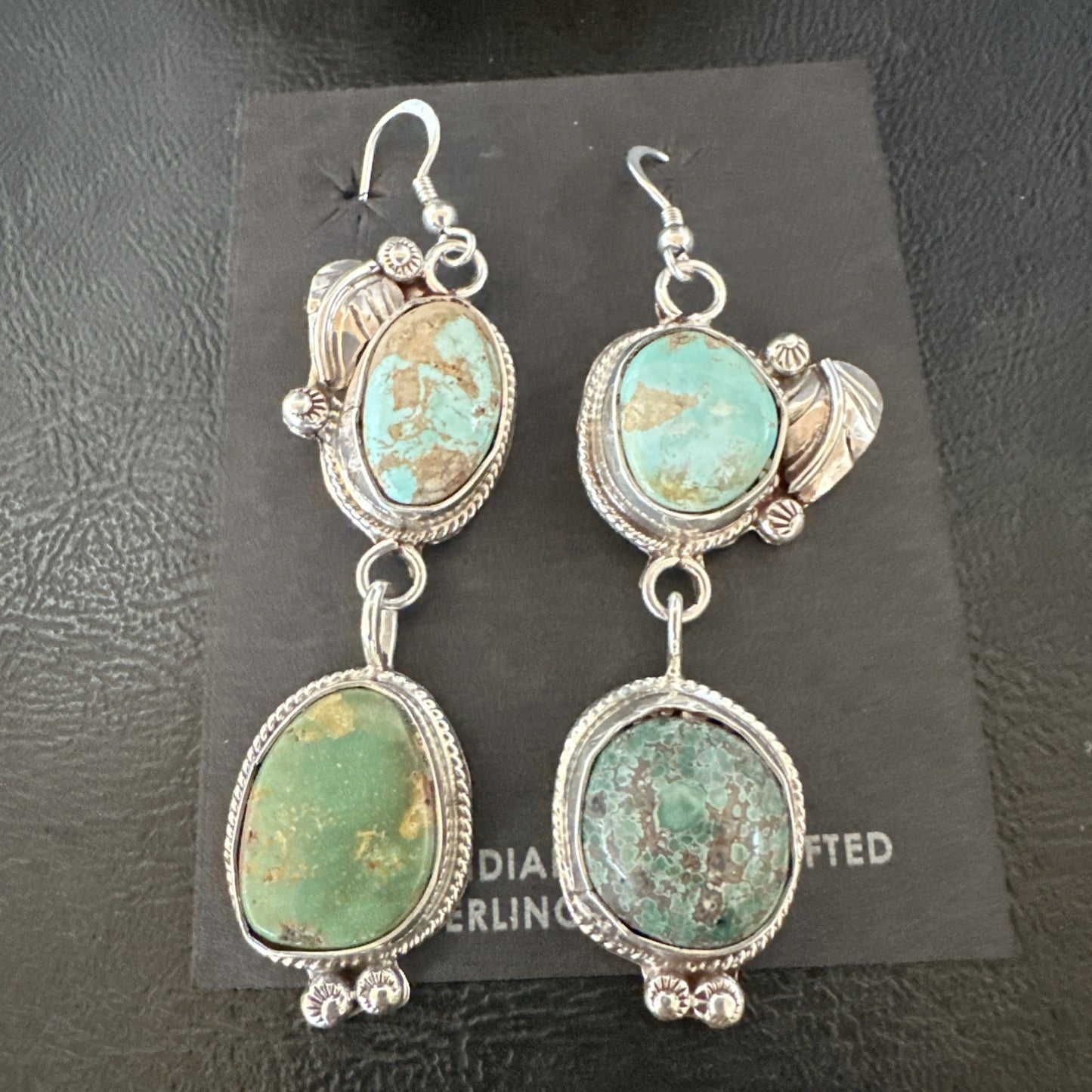 Green Royston Turquoise Navajo Sterling Silver Dangle Earrings 19602