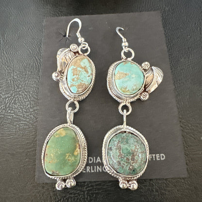 Green Royston Turquoise Navajo Sterling Silver Dangle Earrings 19602