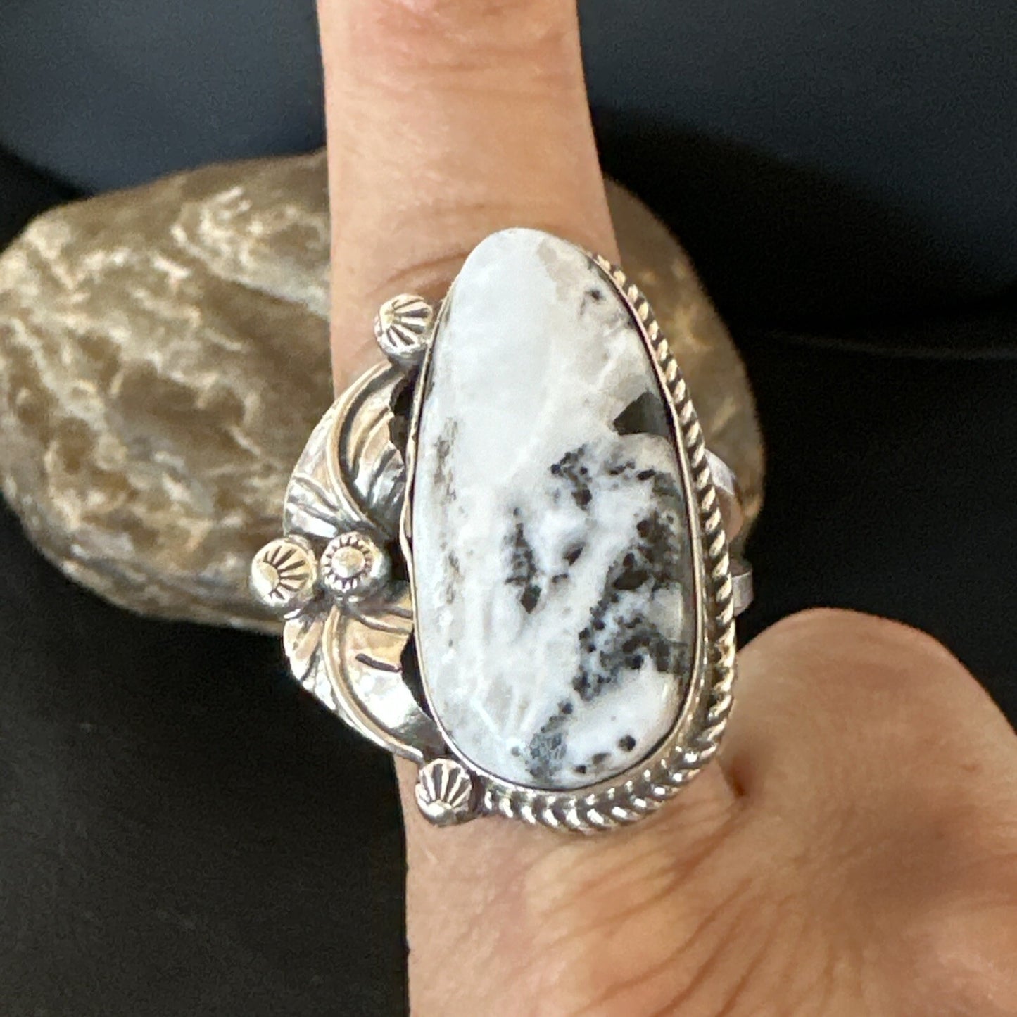 Mens Womens White Buffalo Turquoise Navajo Sterling Silver Ring Size 10 18101