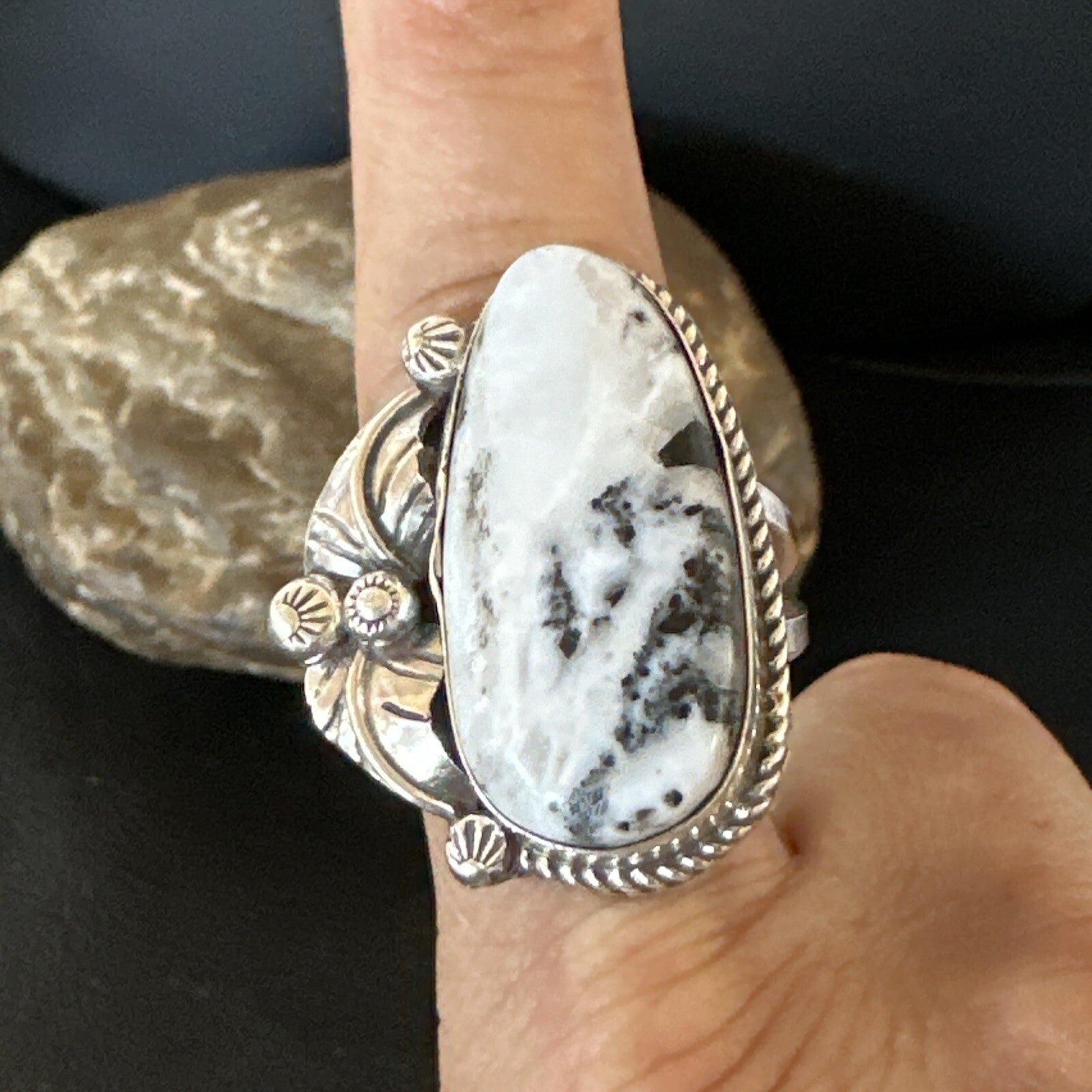 Mens Womens White Buffalo Turquoise Navajo Sterling Silver Ring Size 10 18101