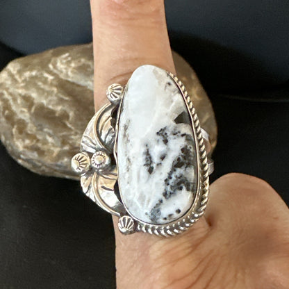 Mens Womens White Buffalo Turquoise Navajo Sterling Silver Ring Size 10 18101