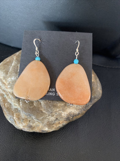 Womens Navajo Tan Jasper Blue Turquoise Sterling Silver Earrings 2" 13101