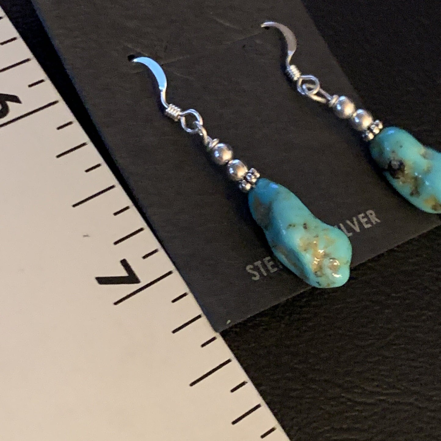 Blue Turquoise Nugget Sterling Silver Beads Navajo Earrings 1" 12892
