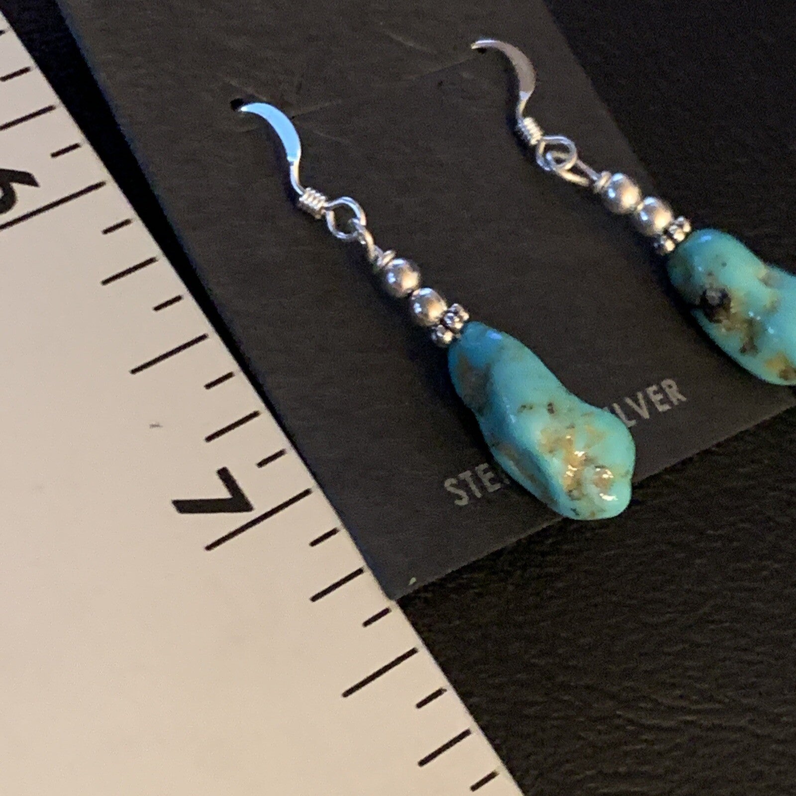 Blue Turquoise Nugget Sterling Silver Beads Navajo Earrings 1" 12892