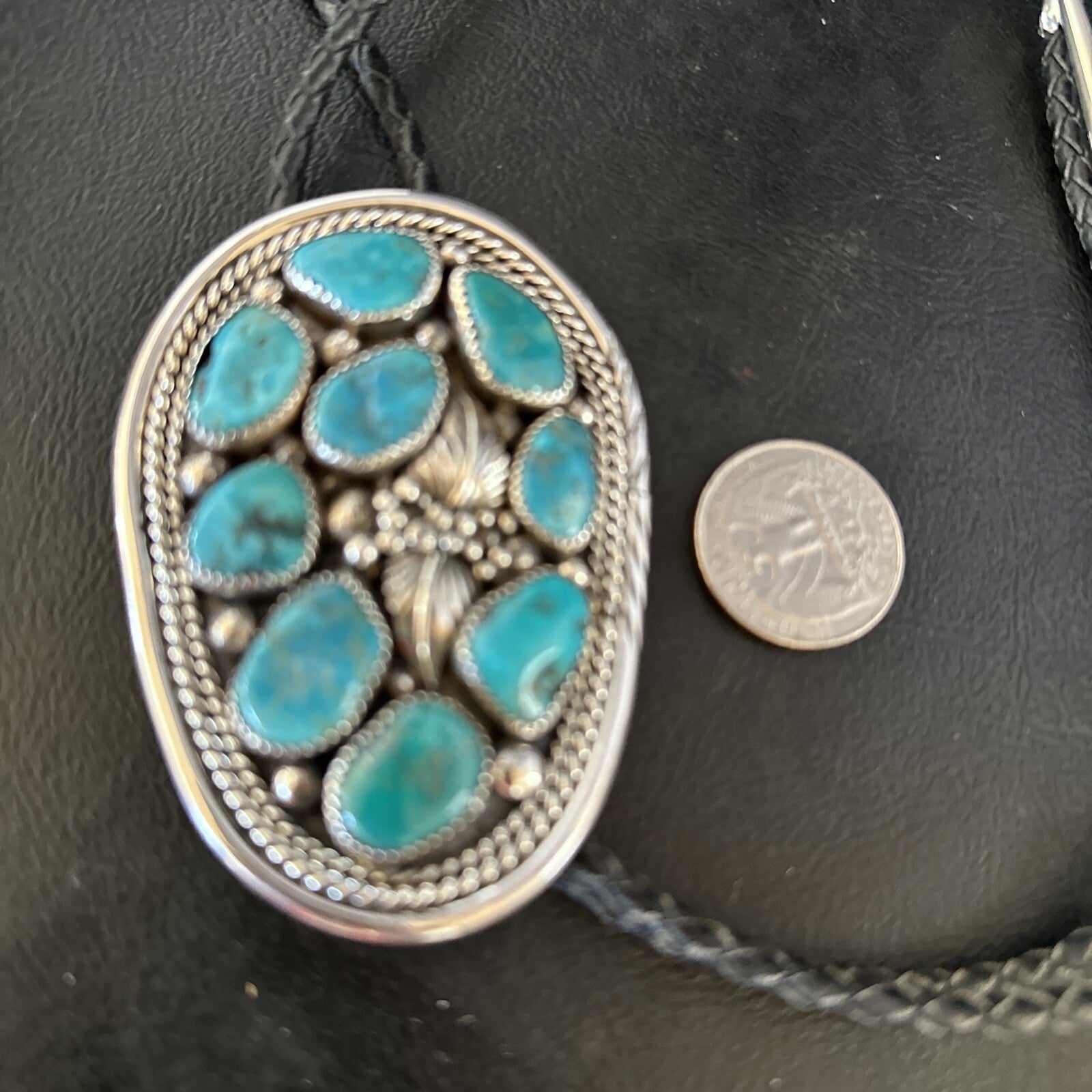 Mens Bolo Tie Cluster Blue Kingman Turquoise Sterling Silver Navajo 14522
