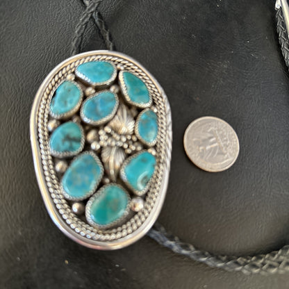 Mens Bolo Tie Cluster Blue Kingman Turquoise Sterling Silver Navajo 14522