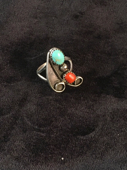 Mens Turquoise & Coral Navajo Sterling Silver Ring Size 6.5 08714