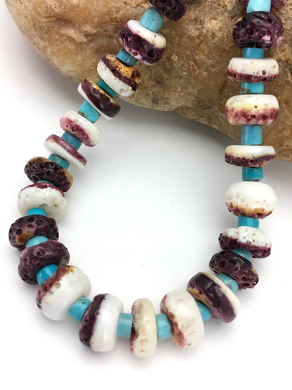 Purple Spiny Oyster & Turquoise Navajo Sterling Silver Bead Necklace 02617