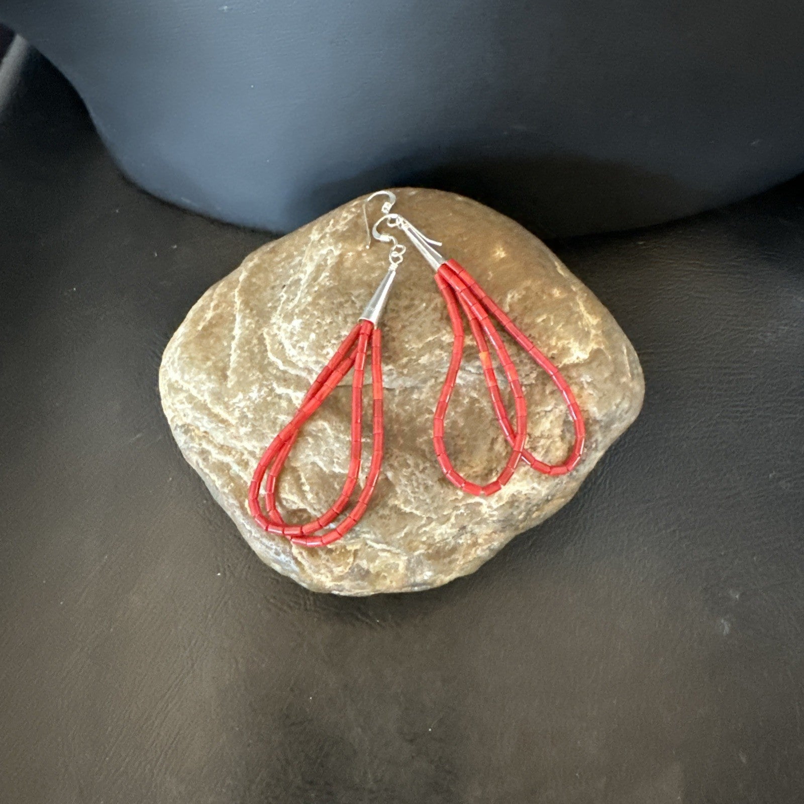 Apple Coral Tube Heishi Dangle Liquid Sterling Silver Earrings 2" 19042