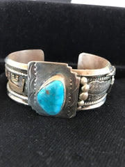Blue Turquoise Navajo Cuff Bracelet 12K Gold | Sterling Silver | Authentic Native American Handmade | 08290