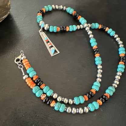 Multicolor Turquoise Spiny  Zuni Sterling Silver Inlay Pendant Necklace 19664