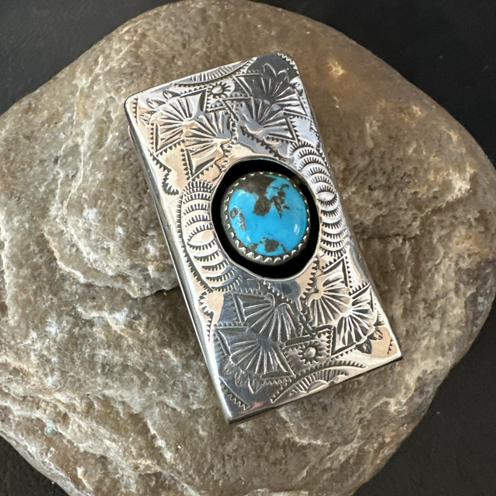 Mens Womens Blue Turquoise Navajo Stainless Stamped Silver Money Clip 19733