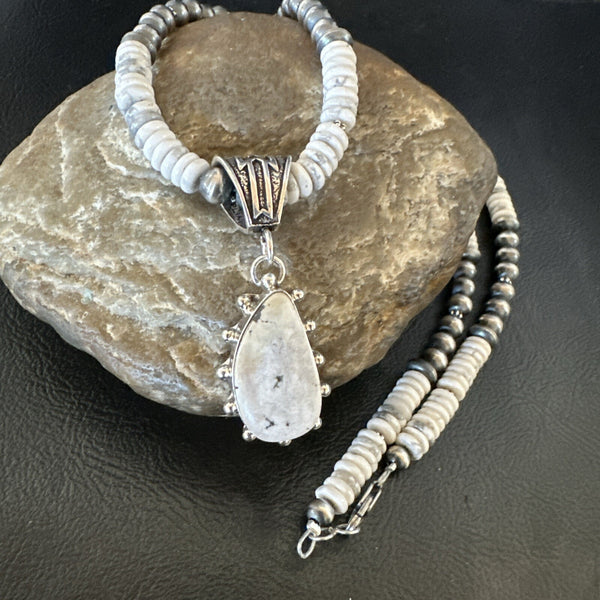 White Buffalo Turquoise Pendant Navajo Pearls Necklace 22" | Sterling Silver | Authentic Native American Handmade | 18261