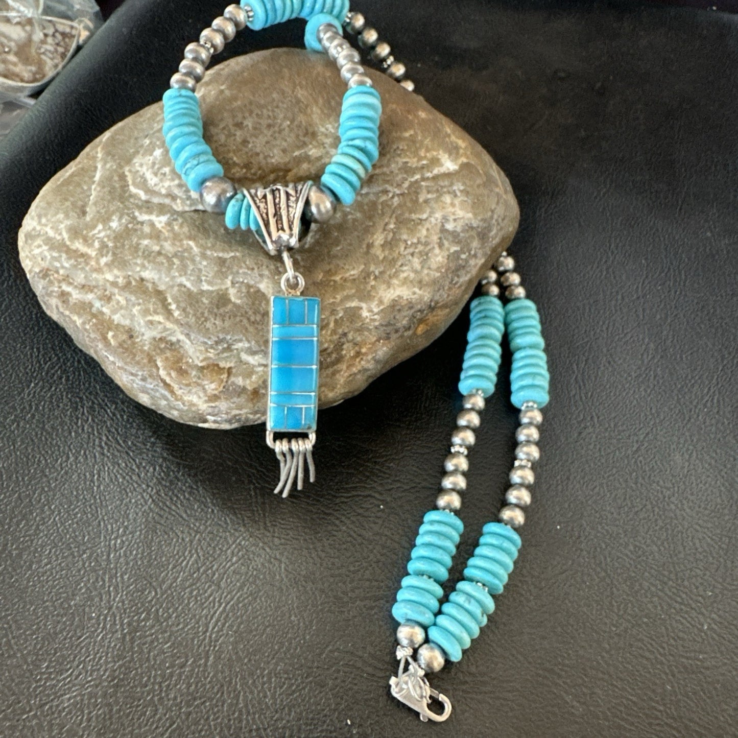 Blue Turquoise Inlay Pendant Navajo Sterling Silver Necklace 19514