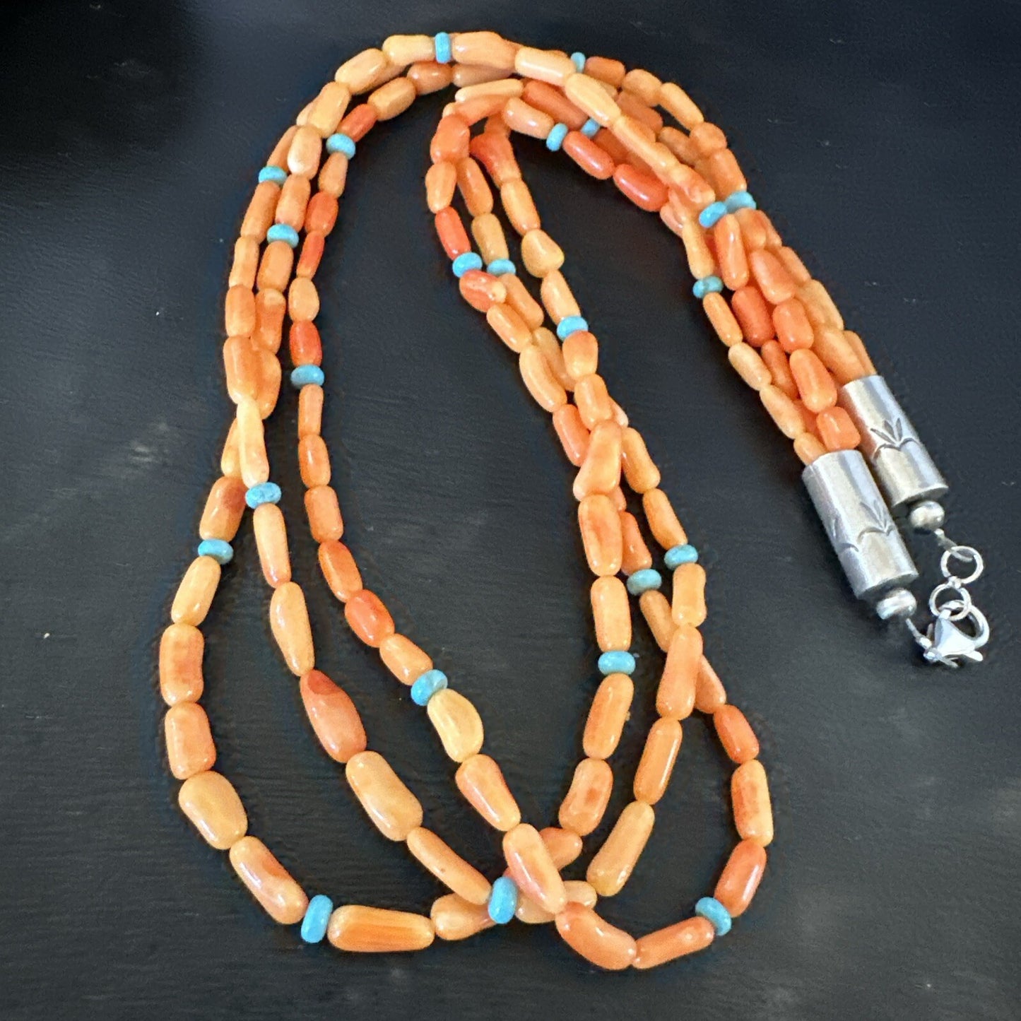 Native Turquoise Orange Coral Sterling Silver 3 Strand Necklace 21" 17818