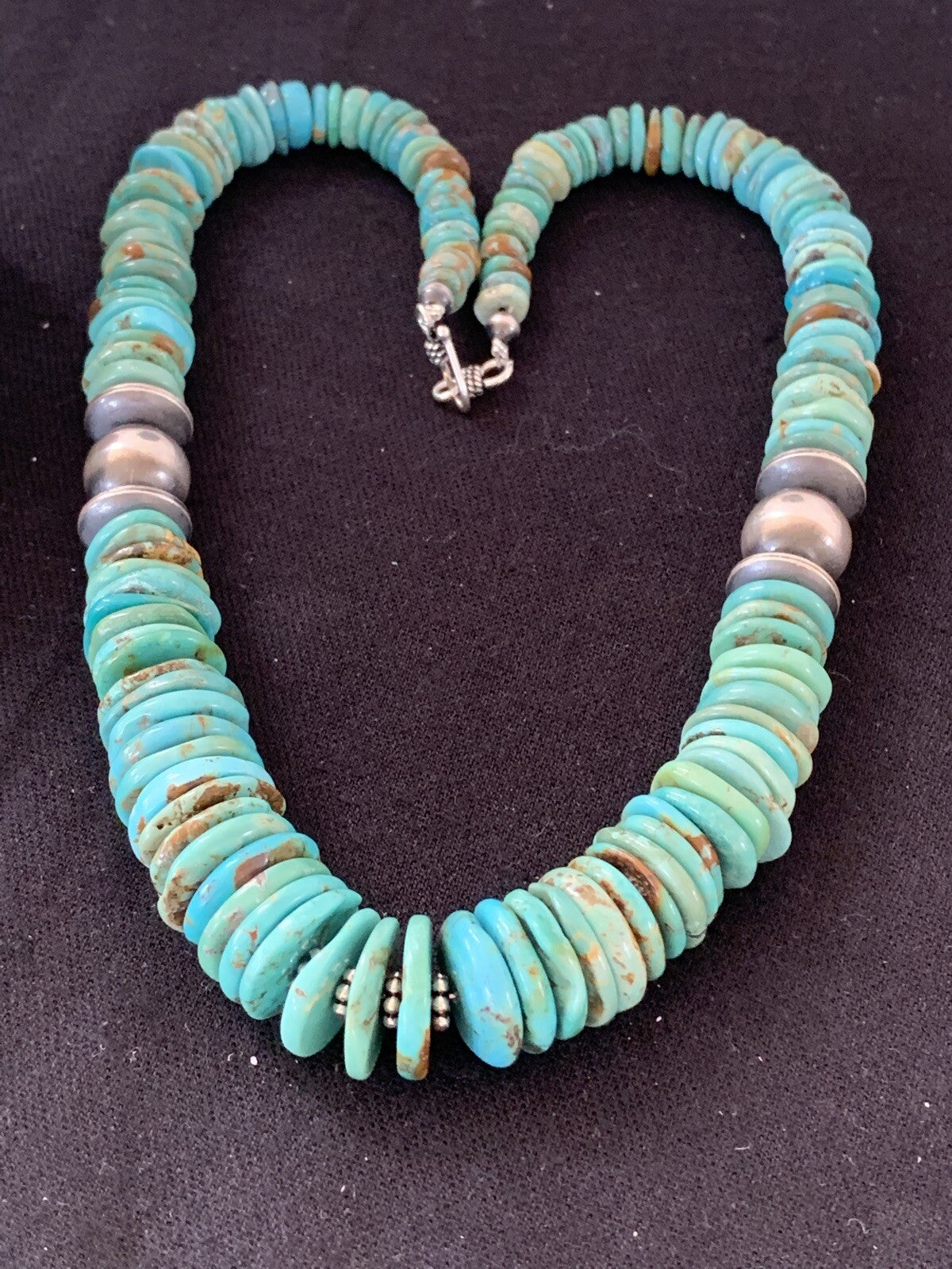 Blue Turquoise Graduated Navajo Pearls Sterling Silver Necklace 00248