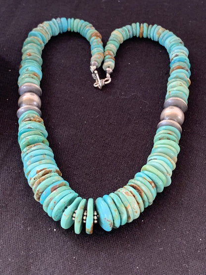 Blue Turquoise Graduated Navajo Pearls Sterling Silver Necklace 00248