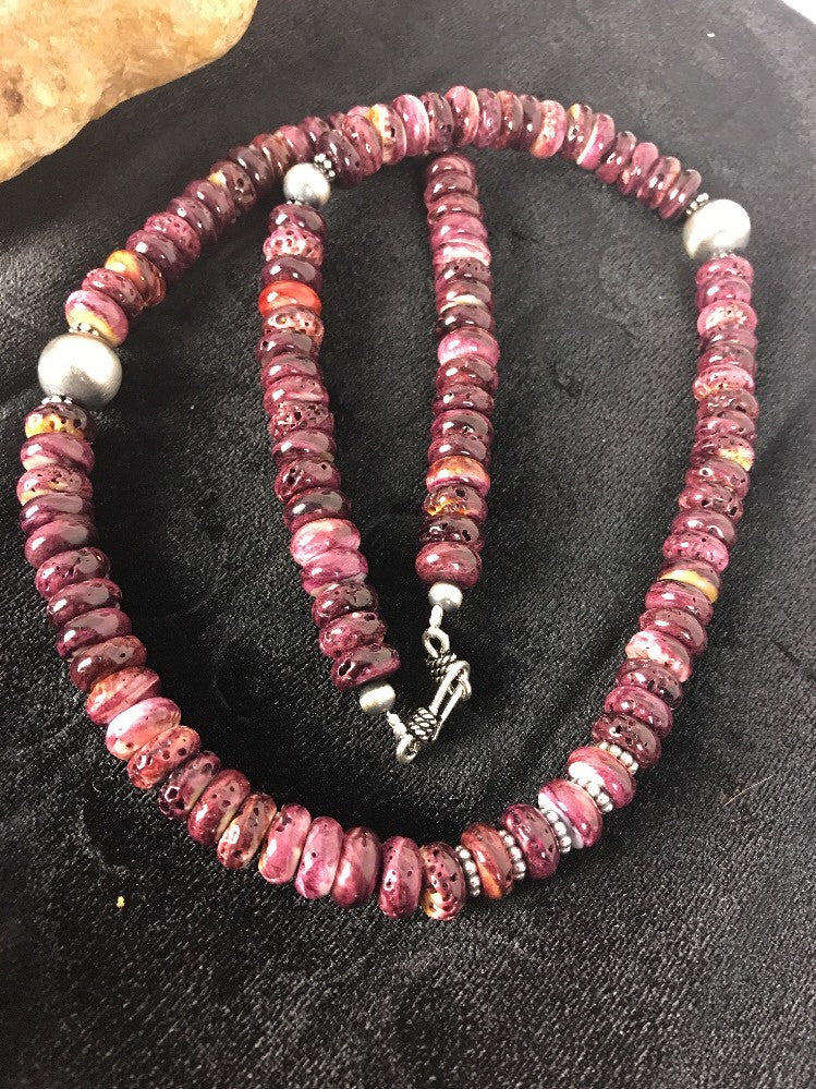 Purple Spiny Oyster 10 mm Bead Navajo Sterling Silver Beads Necklace 00409