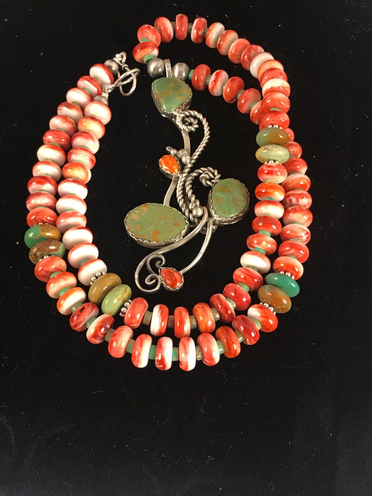 Green Turquoise, Spiny Oyster Pendant Sterling Silver Beads Necklace 8486