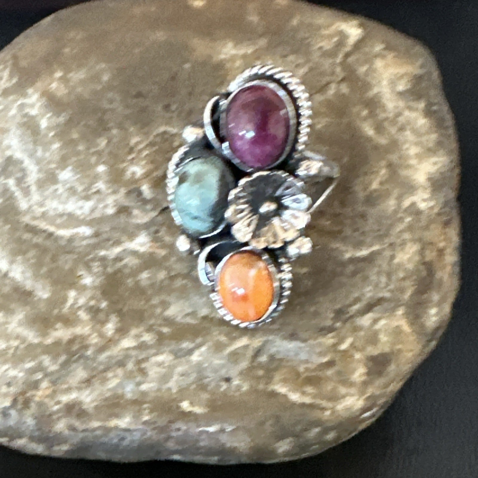 Multicolor Ring Turquoise Spiny Navajo Sterling Silver Cluster Size 8 19171