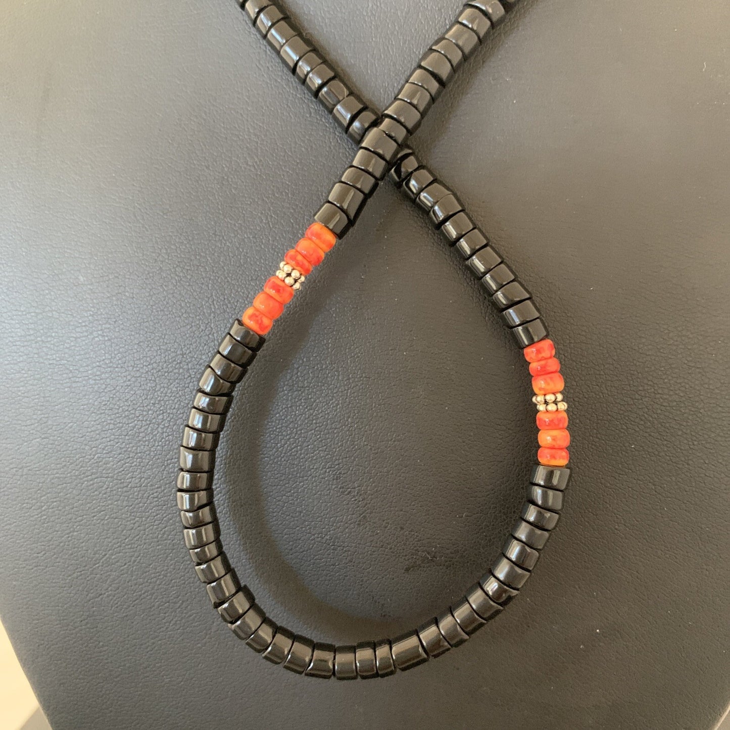 Mens Spiny Oyster Black Onyx Heishi Navajo Pearls Sterling Silver Necklace 01391