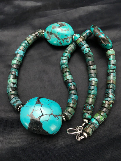 Turquoise Heishi Chunky Navajo Sterling Silver Necklace 20" 02959