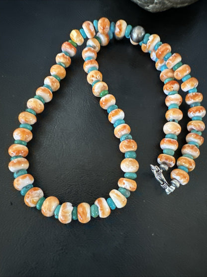 Orange Spiny Oyster Turquoise Navajo Sterling Silver Beads 22” Necklace 19164