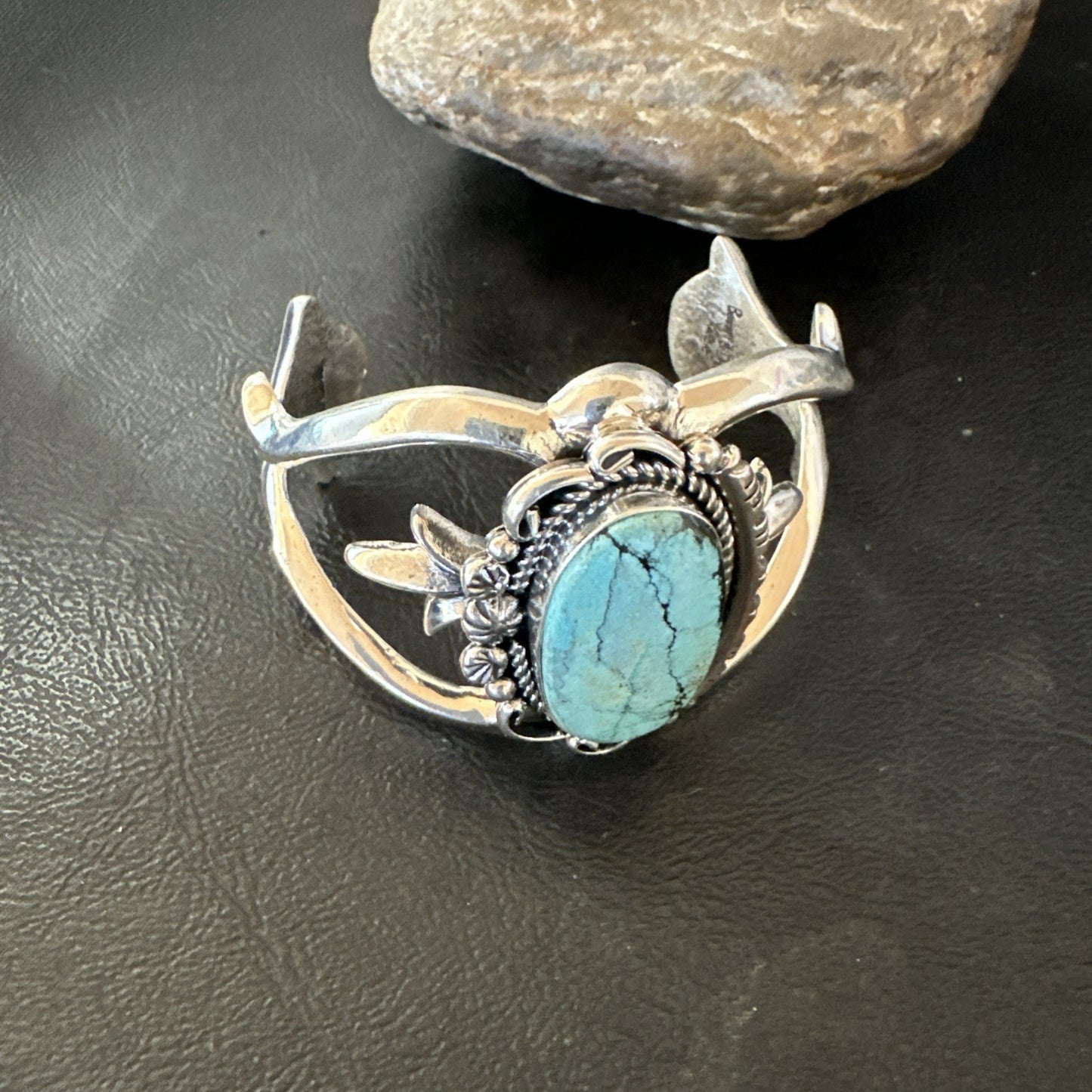 Yazzie Kingman Turquoise Navajo Sterling Silver Tufa Cast Cuff Bracelet 19690