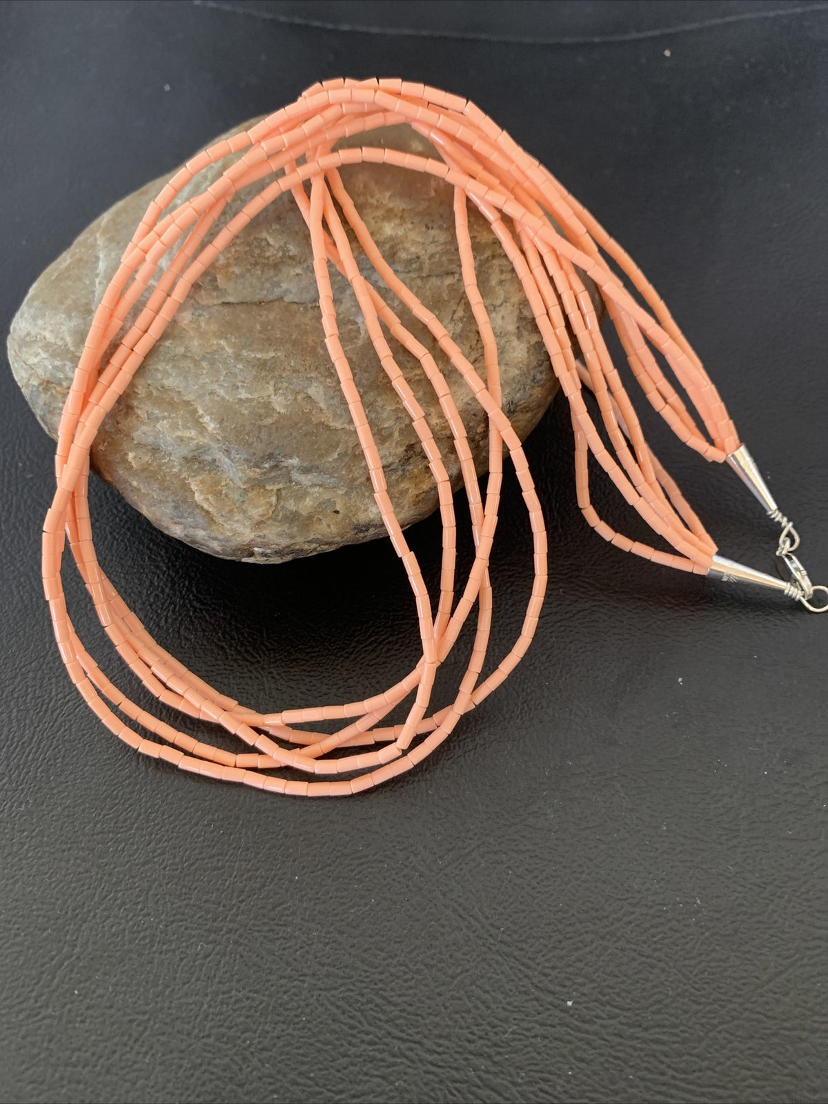 Pink Coral Stabilized Bead 5 Strand Navajo Sterling Silver Necklace 02208
